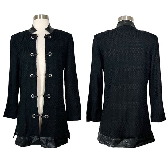 NEW Ming Wang | Black Faux Leather Trim Long Sleeve Knit Tunic Sweater Jacket XS - Picture 1 of 11